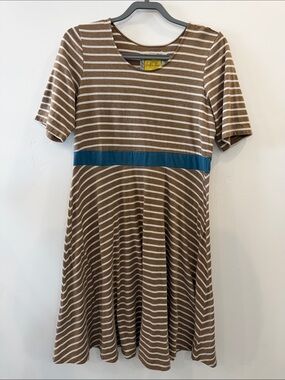 Bella Bird Brown & White Striped Dress with Blue Waistband Large